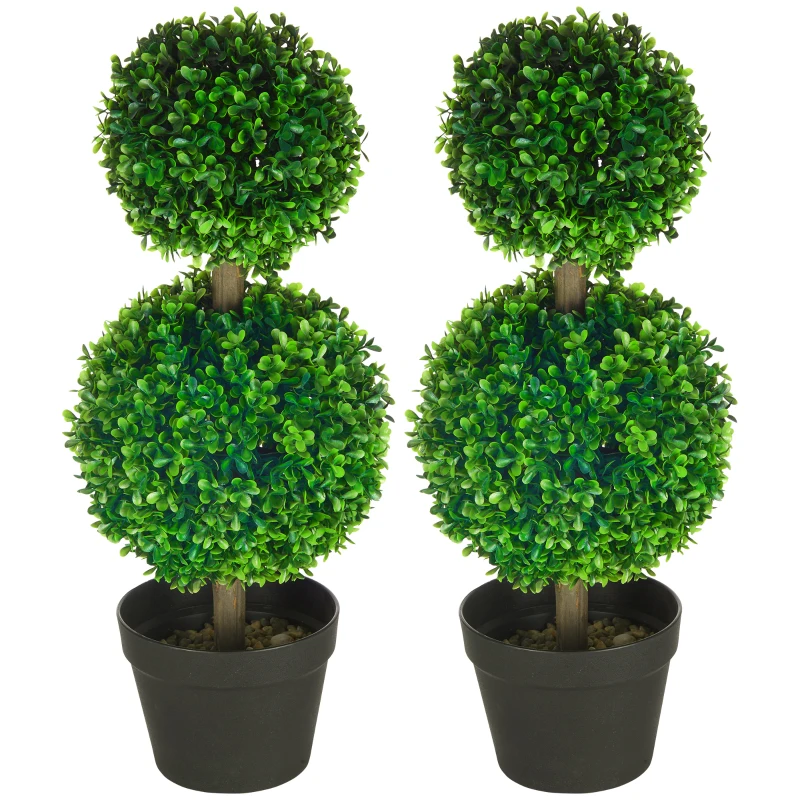 HOMCOM Artificial Boxwood Topiary Tree Set of 2, Faux Boxwood Ball Trees in Pot, Fake Plant for Indoor Outdoor Decor, Green