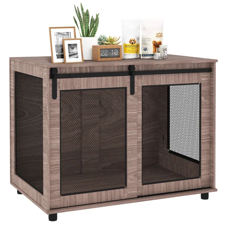 PawHut 39" Dog Crate Furniture, Dog Kennel Furniture End Table with Sliding Barn Door for Large Dogs, Walnut Brown