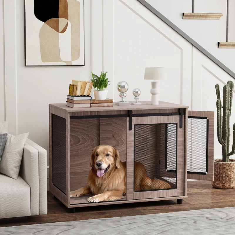 PawHut 39" Dog Crate Furniture, Dog Kennel Furniture End Table with Sliding Barn Door for Large Dogs, Walnut Brown