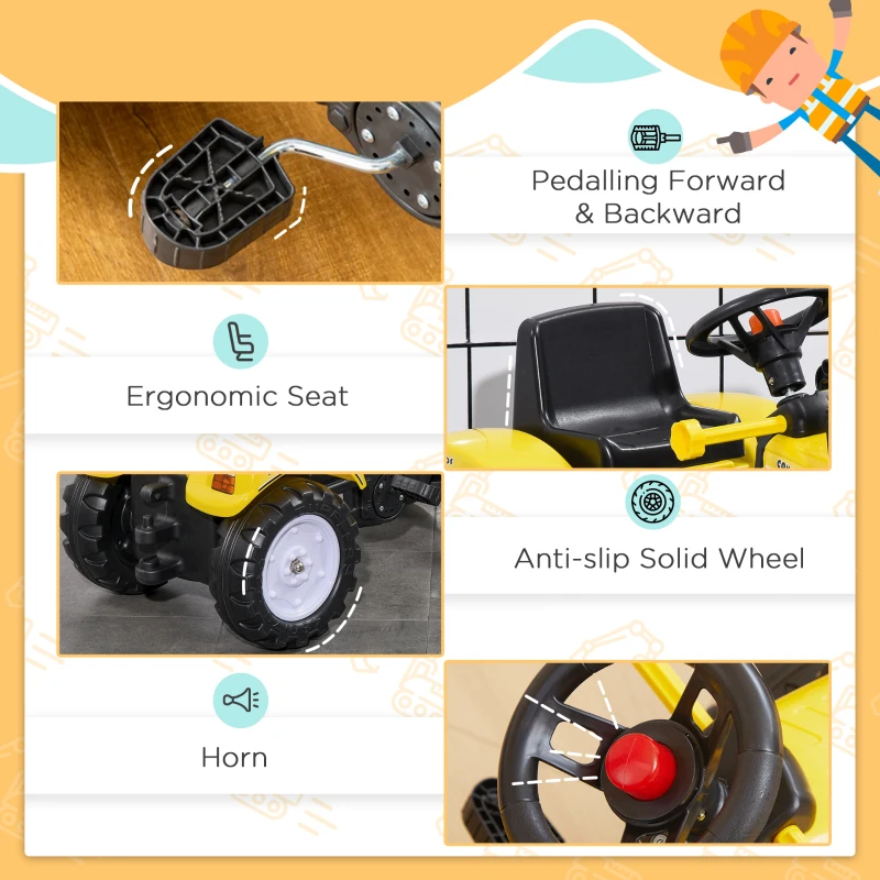 Aosom Ride on Tractor for Kids, Pedal Construction Car with Front Loader Digger for 3 Year Old, Yellow