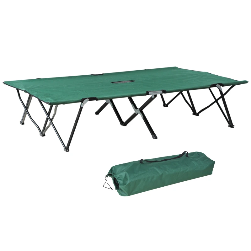 Outsunny 76" Two Person Folding Camping Cot Outdoor Portable Double Cot Wide Military Sleeping Bed w/ Carrying Bag Green