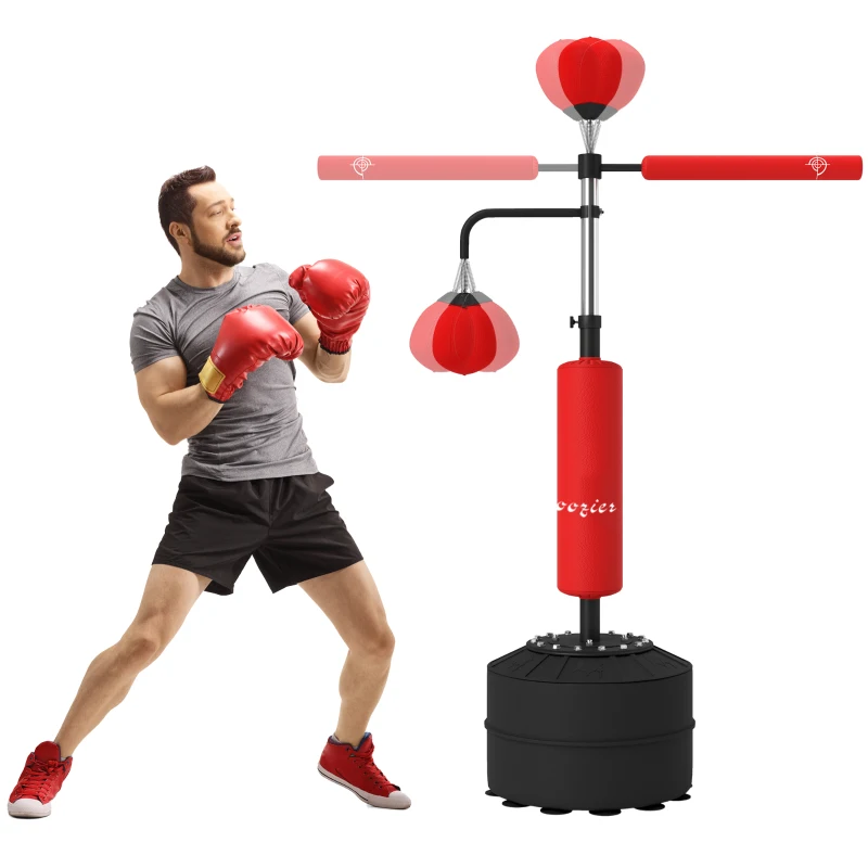 Soozier 4-in-1 Boxing Punching Bag Stand with 2 Speedballs, 360° Relax Bar, & PU-Wrapped Bag & Adjustable Height, Red
