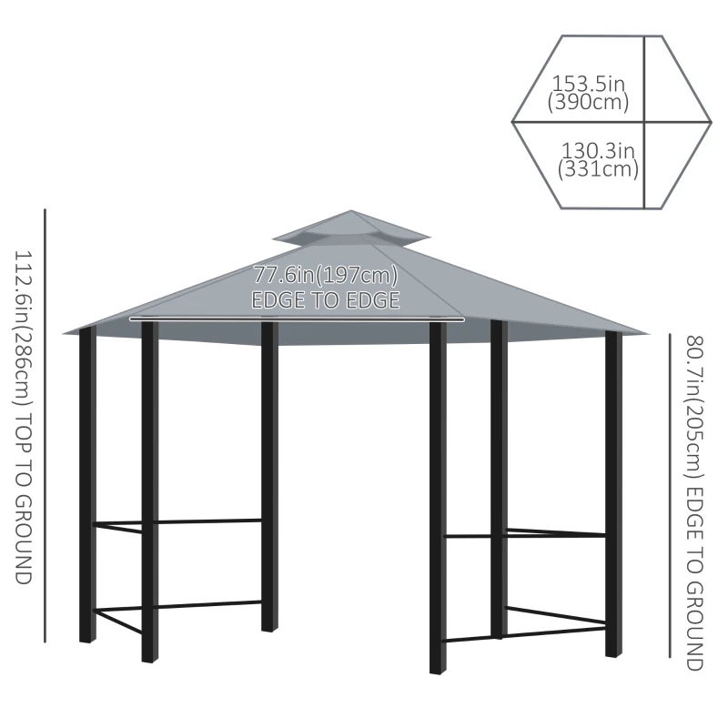 Outsunny 13ft Hexagon Gazebo Outdoor Canopy Shelter with Netting and Shaded Curtains Grey