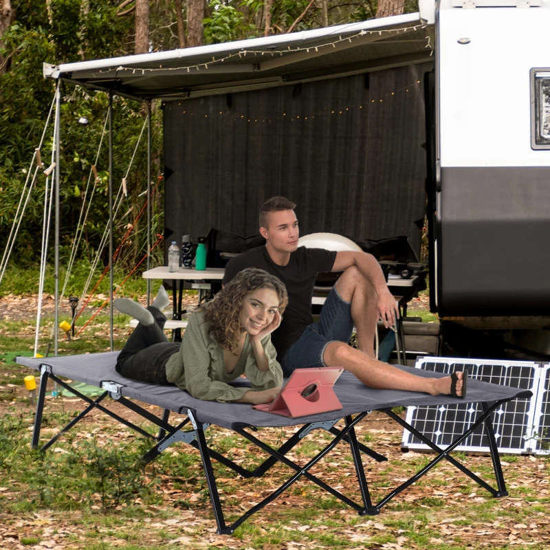 Outsunny 76" Two Person Folding Camping Cot Outdoor Portable Double Cot Wide Military Sleeping Bed w/ Carrying Bag Grey