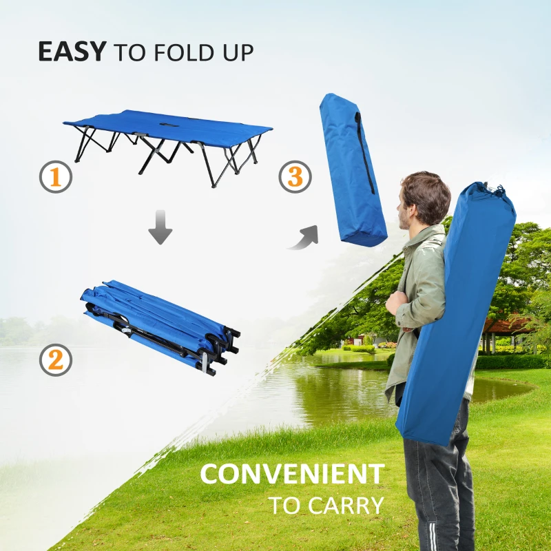 Outsunny 76" Two Person Folding Camping Cot Outdoor Portable Double Cot Wide Military Sleeping Bed w/ Carrying Bag Blue