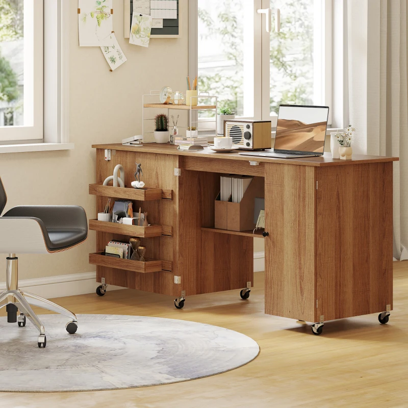 HOMCOM Sewing Machine Table with Drop Leaf, Folding Craft Table with 2 Doors and Adjustable Shelf for Small Spaces, Brown