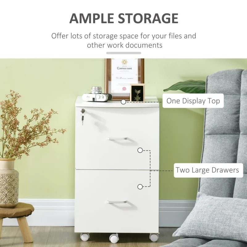 Vinsetto 2 Drawer File Cabinet with Lock, Small Rolling Filing Cabinet for A4, Letter-Size Documents, Printer Stand for Home Office, 17" x 17.75" x 28.25", White