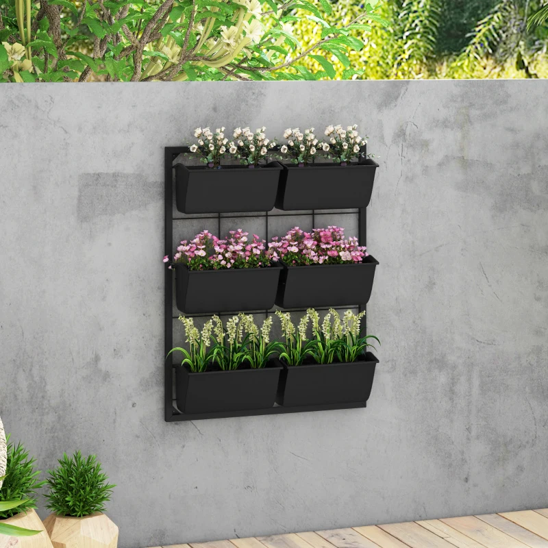 Outsunny 3-Tier Wall Planter with 6 Pots for Indoor and Outdoor Use, Hanging Plant Holder, Self Draining Wall Mounted Planter