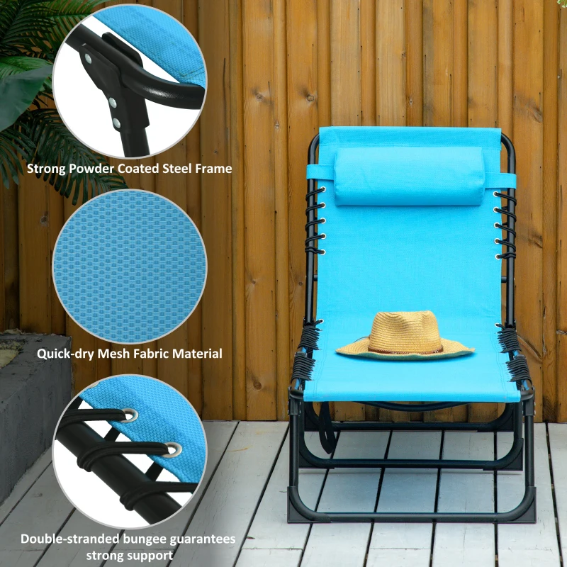 Outsunny Outdoor Folding Lounge Chair, 4-Level Adjustable Chaise Lounge with Headrest, Tanning Chair Beach Bed, Reclining Lounger Cot for Camping, Hiking, Backyard, Sky Blue