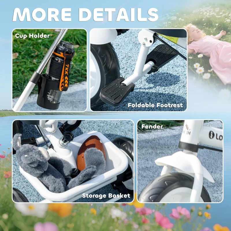 Qaba 6 in 1 Kids Tricycle with Removable Handlebar and Canopy, White