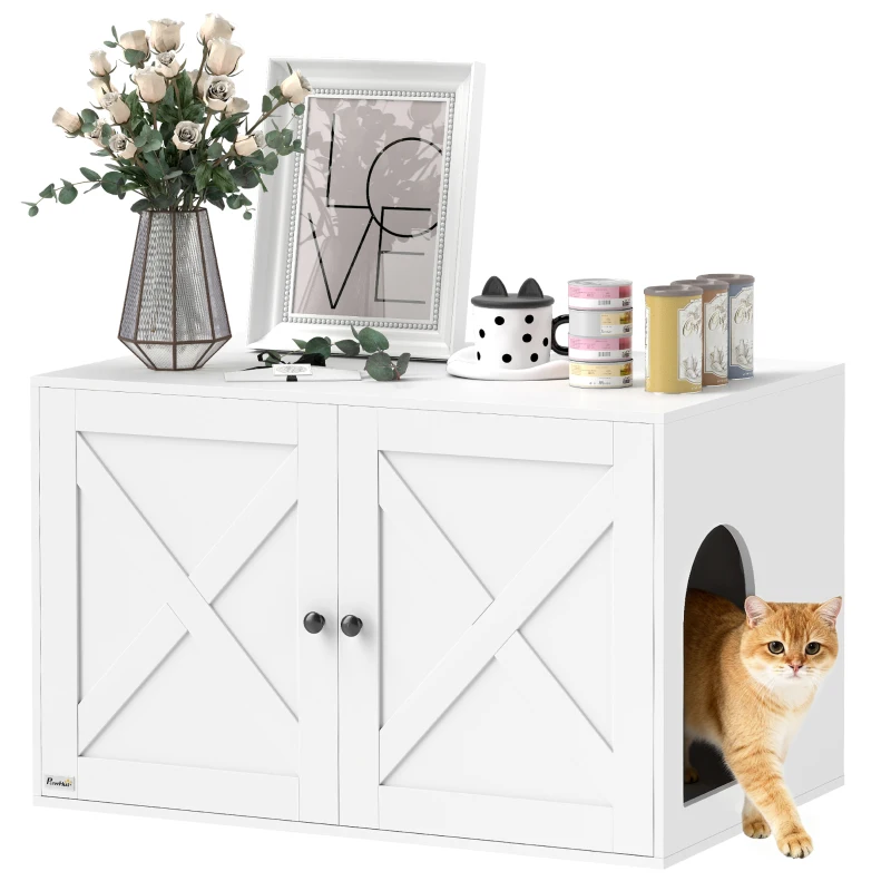 PawHut Cat Litter Box Enclosure with Barn Door, Cat Hole, 31.5" x 21" x 20", White