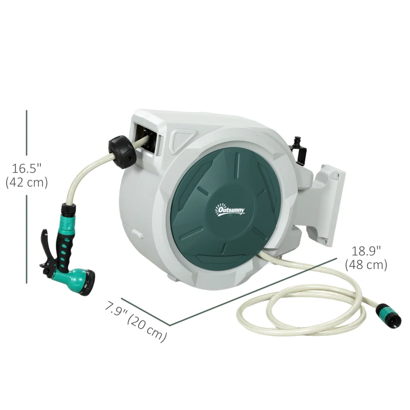 Outsunny 1/2 in x 65ft Wall Mounted Garden Hose Reel, Retractable Water Hose Reel with Auto Rewind, Any Length Lock, Green