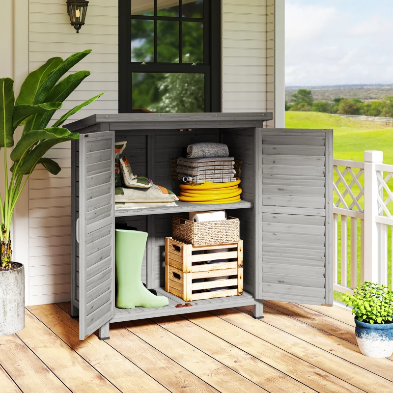 Outsunny Wooden Garden Storage Shed Kit Wood Garage Tool Organisation Cabinet with 2 Door , 34" x 18" x 38", Grey