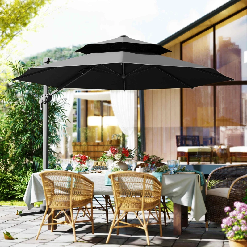 Outsunny 11ft Outdoor Cantilever Umbrella Rotatable Sun Shade Aluminum Market Umbrella with Adjustable Angle & Double-top Canopy for Backyard, Poolside, Lawn and Garden Dark Grey