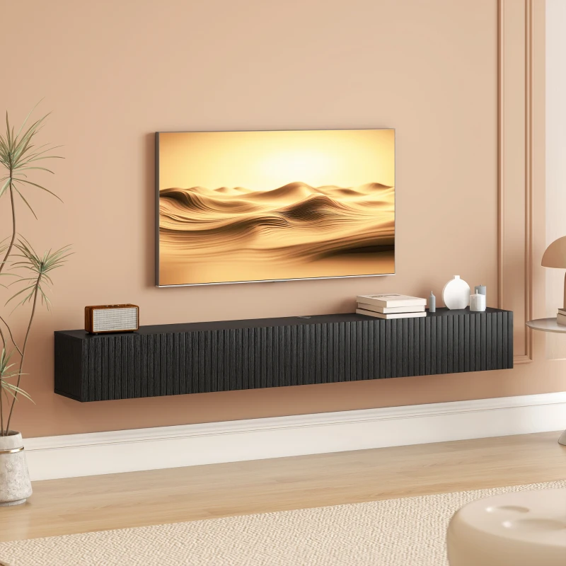 HOMCOM 71" Floating TV Stand for TVs up to 72 Inch, Wall Mount Media Console with 2 Fluted Flip-Down Doors, Cable Hole, Black