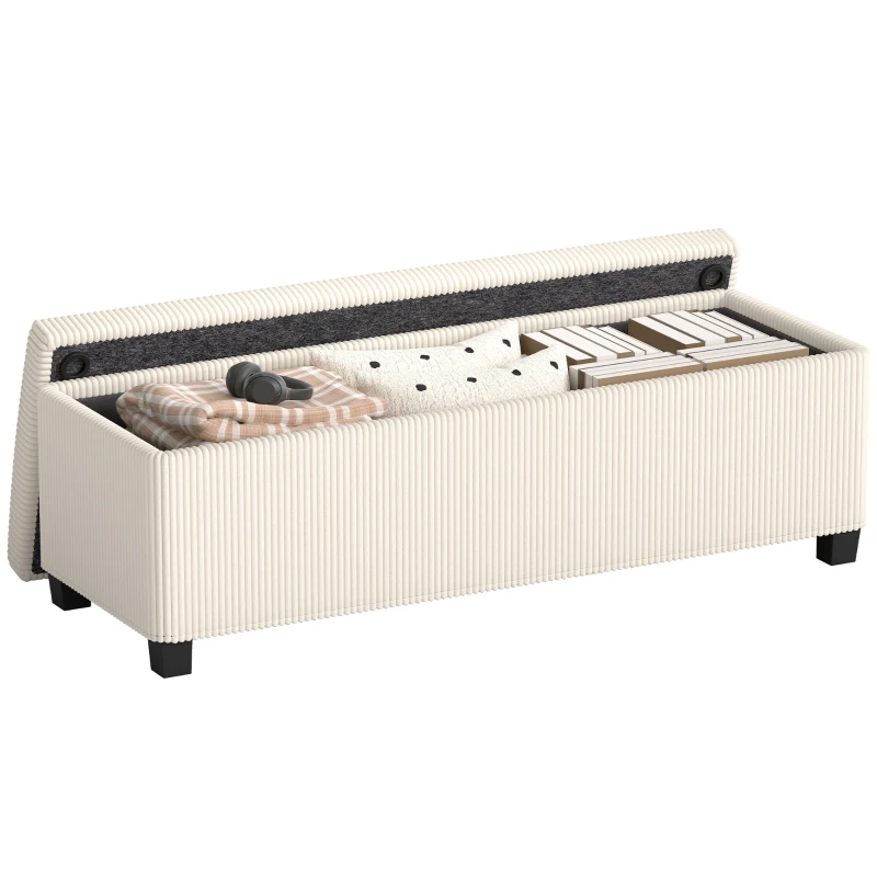 HOMCOM 47 Inches Storage Ottoman Bench, Foot Rest with Legs, End of Bed Bench, Corduroy Storage Chest for Living Room, Beige