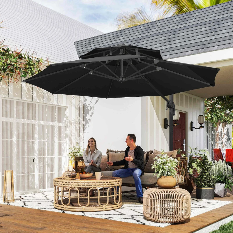 Outsunny 11ft Outdoor Cantilever Umbrella Rotatable Sun Shade Aluminum Market Umbrella with Adjustable Angle & Double-top Canopy for Backyard, Poolside, Lawn and Garden Dark Grey