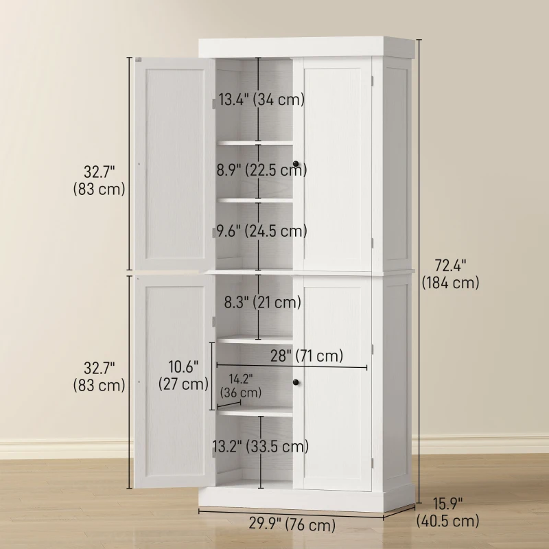 HOMCOM 72.5" Freestanding Kitchen Pantry Cabinet with 4 Doors, White