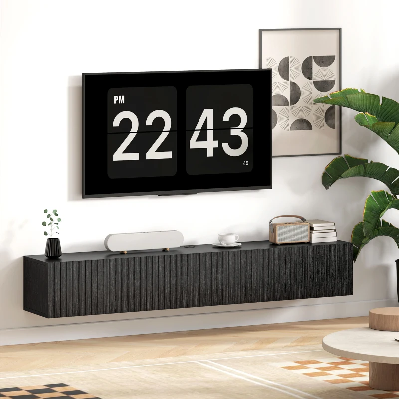 HOMCOM 55" Floating TV Stand for TVs up to 72 Inch, Wall Mount Media Console with 2 Fluted Flip-Down Doors, Cable Hole, Black
