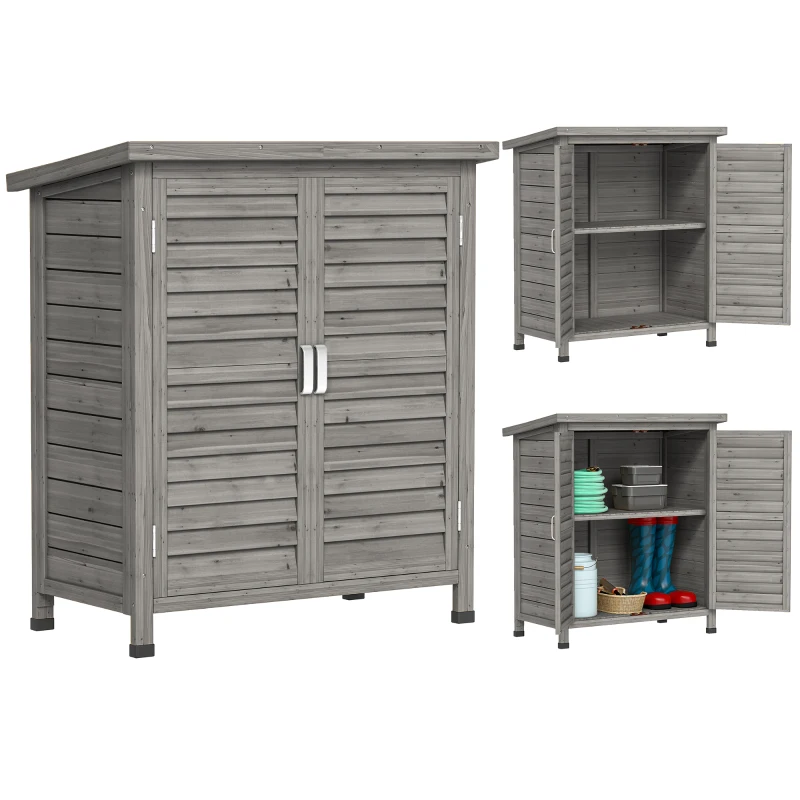 Outsunny Wooden Garden Storage Shed Kit Wood Garage Tool Organisation Cabinet with 2 Door , 34" x 18" x 38", Grey