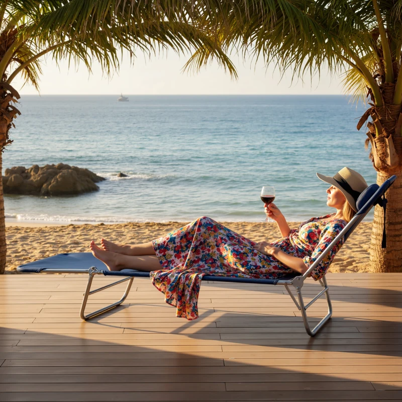 Outsunny Outdoor Lounge Chair, Portable Adjustable Reclining Seat Folding Chaise Lounge Patio Camping Beach Tanning Chair Bed with Pillow, Dark Blue