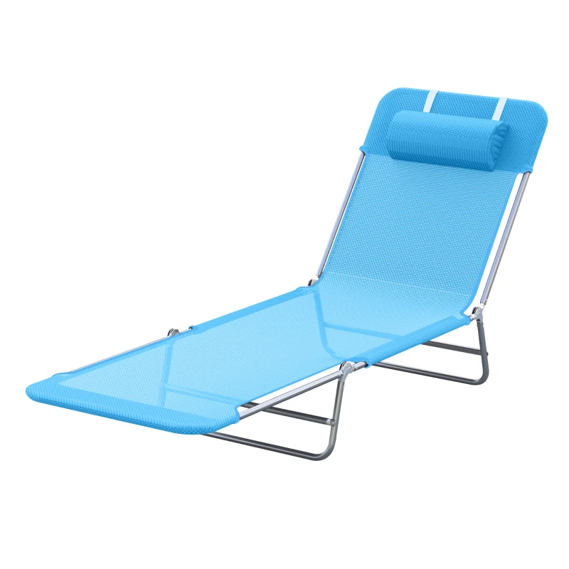 Outsunny Folding Chaise Lounge Pool Chairs, Outdoor Sun Tanning Chairs with Pillow, Reclining Back, Steel Frame & Breathable Mesh for Beach, Yard, Patio, Blue