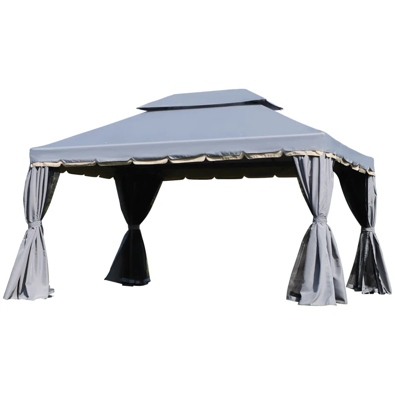 Outsunny 13' x 10' Patio Gazebo Canopy with 2-Tier Polyester Roof, Vented Mesh Sidewall & Strong Aluminum Frame, Grey