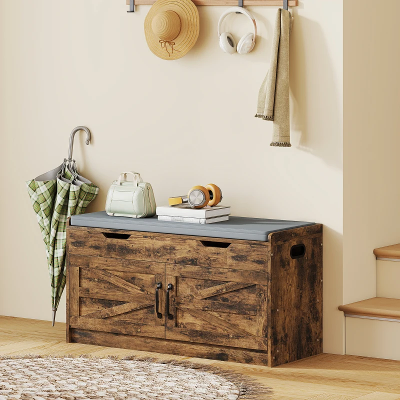 HOMCOM Shoe Storage Bench, Entryway Bench with 2-Tier Cabinet, Flip-Top Storage, Padded Cushion for Hallway, Rustic Brown