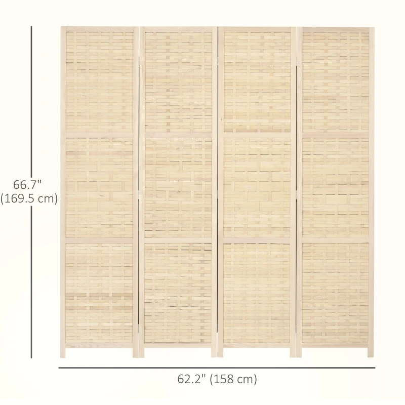 HOMCOM 4-Panel Room Divider, 5.6 FT Bamboo Freestanding Folding Privacy Screen for Indoor Bedroom Office, Natural Wood