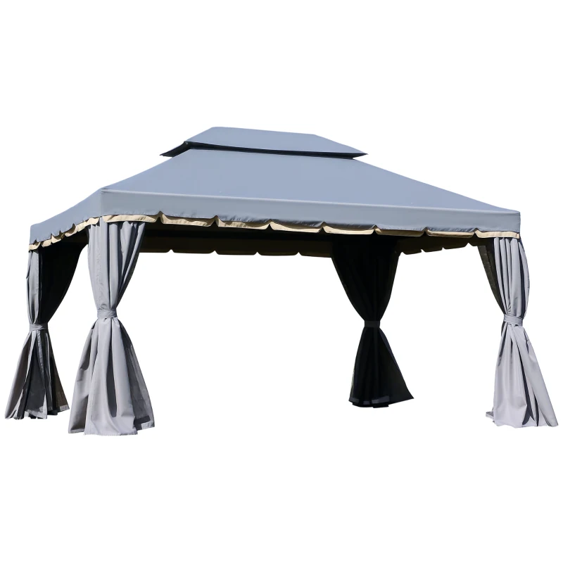 Outsunny 13' x 10' Patio Gazebo Canopy with 2-Tier Polyester Roof, Vented Mesh Sidewall & Strong Aluminum Frame, Grey