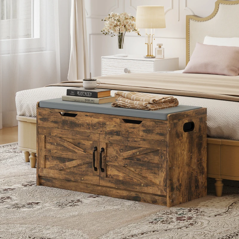 HOMCOM Shoe Storage Bench, Entryway Bench with 2-Tier Cabinet, Flip-Top Storage, Padded Cushion for Hallway, Rustic Brown