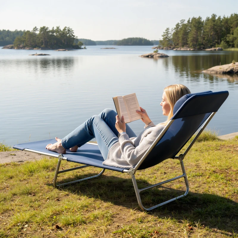 Outsunny Outdoor Lounge Chair, Portable Adjustable Reclining Seat Folding Chaise Lounge Patio Camping Beach Tanning Chair Bed with Pillow, Dark Blue