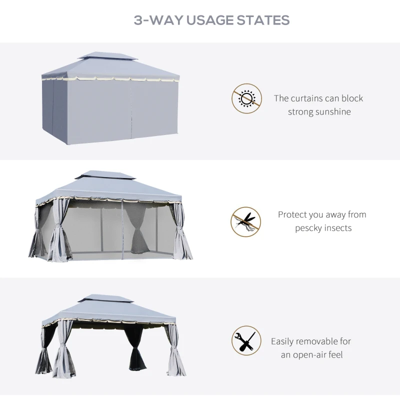 Outsunny 13' x 10' Patio Gazebo Canopy with 2-Tier Polyester Roof, Vented Mesh Sidewall & Strong Aluminum Frame, Grey