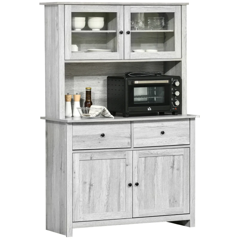 HOMCOM 63.5" Kitchen Buffet with Hutch, Pantry Storage Cabinet with 4 Shelves, Drawers, Framed Glass Doors, Open Microwave Countertop, Ash Grey