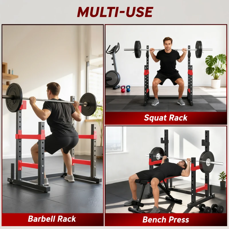 Soozier Adjustable Squat Rack, 660lbs Multi-Functional Bench Press Rack for Weight Lifting Home Gym Strength Training, Red
