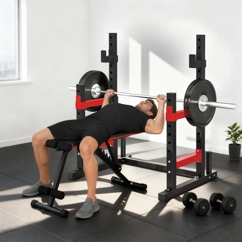 Soozier Adjustable Squat Rack, 660lbs Multi-Functional Bench Press Rack for Weight Lifting Home Gym Strength Training, Red