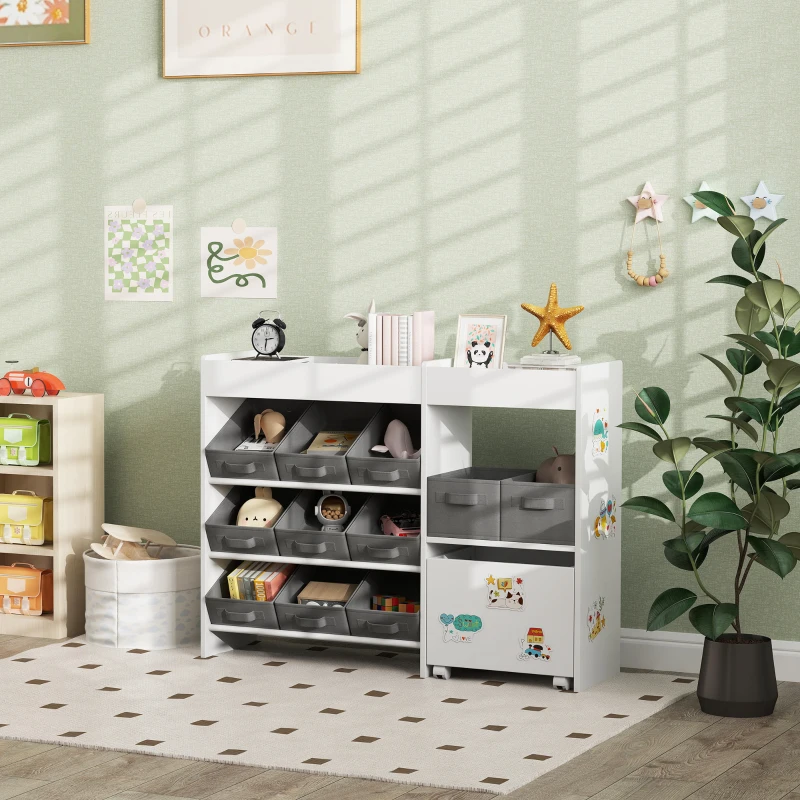 Qaba Kids Toy Storage Organizer with 11 Bins, Moveable Cabinet, Top Shelves, 3 Stickers, for Nursery, Playroom, White