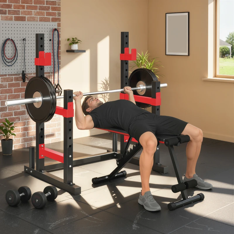 Soozier Adjustable Squat Rack, 660lbs Multi-Functional Bench Press Rack for Weight Lifting Home Gym Strength Training, Red