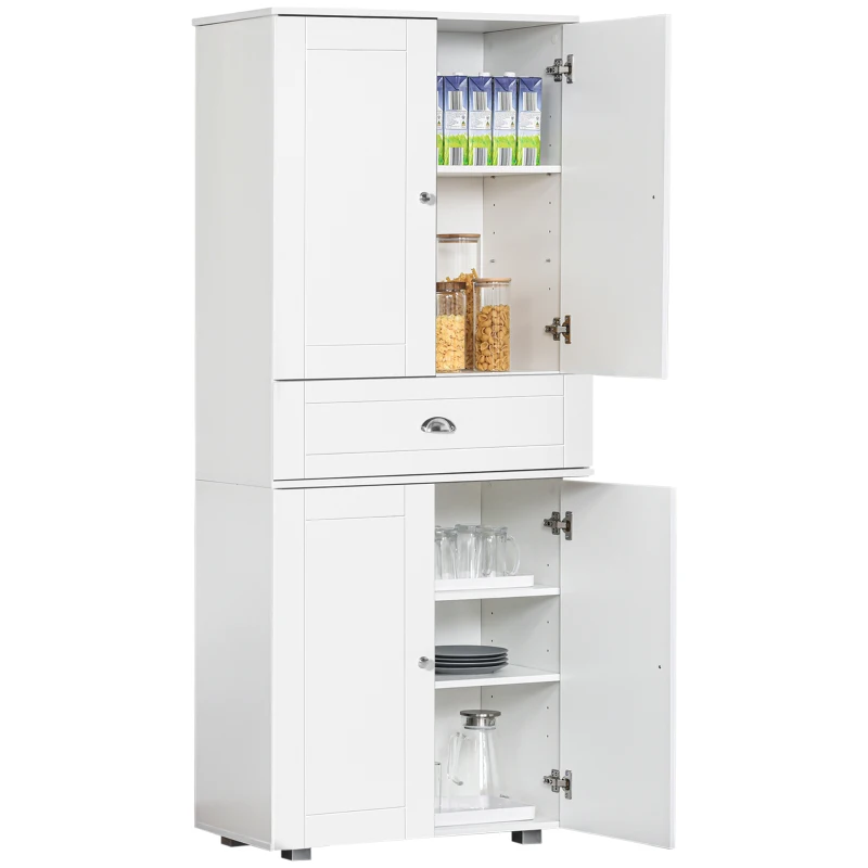HOMCOM 72" Freestanding Kitchen Pantry Cabinet, Tall Storage Cabinet with 4 Doors, Drawer and Adjustable Shelves for Dining Room, White