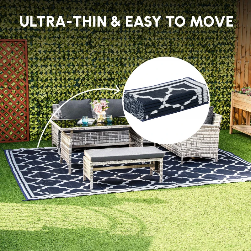 Outsunny 9'x12' Reversible Outdoor RV Rug, Patio Floor Mat, Plastic Straw Rug for Backyard, Deck, Beach, Camping, Dark Blue