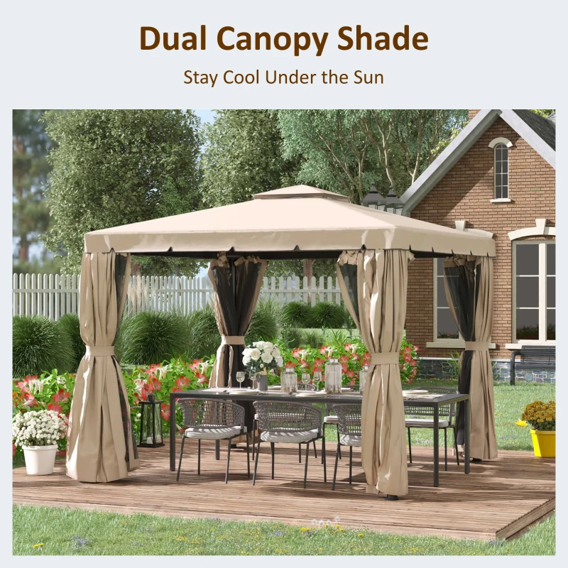 Outsunny 13' x 10' Outdoor Patio Gazebo Canopy with 2-Tier Polyester Roof  Vented Mesh Sidewall & Strong Aluminum Frame Grey