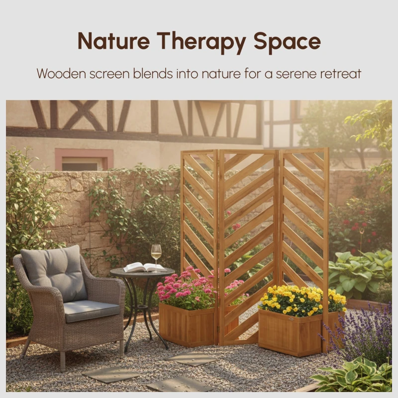 Outsunny Backyard Privacy Screen - Folding 65" with Planters for Patio, Deck, and Backyard, Brown