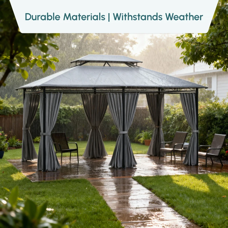 Outsunny 10' x 13' Patio Gazebo, 2-Tiers Outdoor Canopy Sunshade Shelter with Curtains, Dark Grey