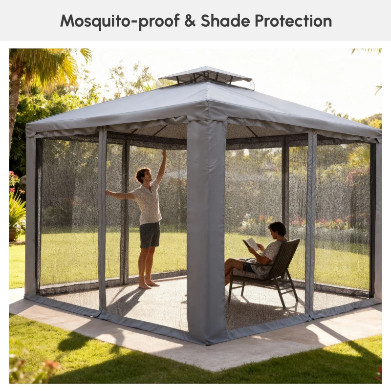 Outsunny 10' x 10' Patio Gazebo Outdoor Pavilion 2 Tire Roof Canopy Shelter Garden Event Party Tent Yard Sun Shade Steel Frame w/ Mosquito Netting Grey