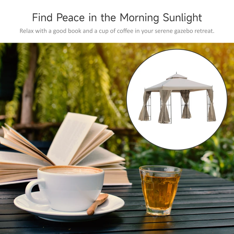 Outsunny 10' x 10' Steel Outdoor Patio Gazebo Canopy with Removable Mesh Curtains, Display Shelves, & Steel Frame, Brown