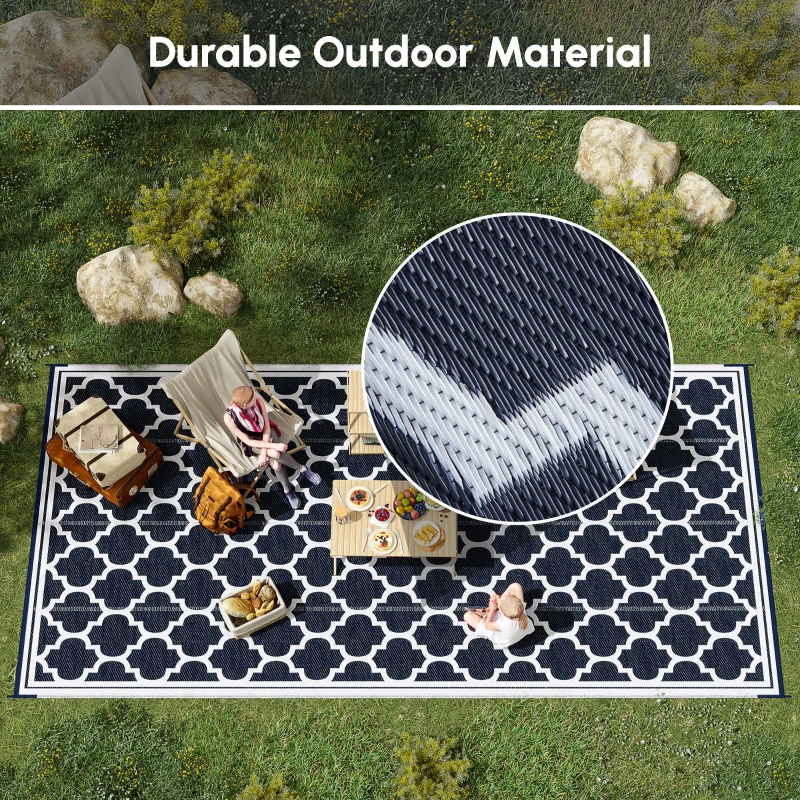 Outsunny Reversible Outdoor RV Rug, 9' x 18' Patio Floor Mat, Plastic Straw Rug for Backyard, Deck, Picnic, Beach, Camping, Dark Blue and White