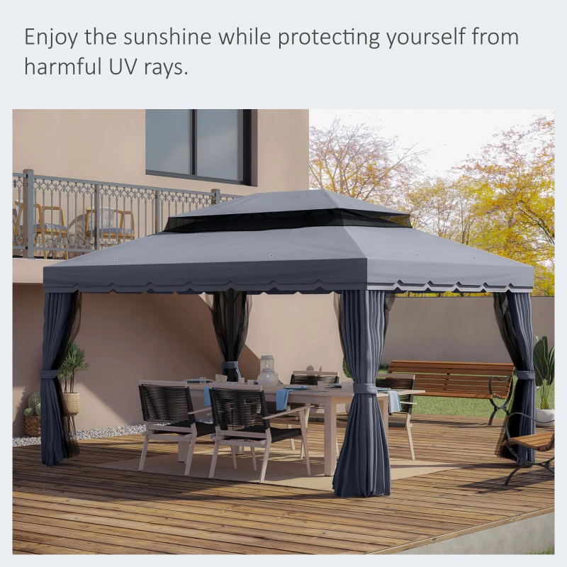 Outsunny 13' x 10' Patio Gazebo, Double Roof Outdoor Gazebo Canopy Shelter with Netting & Curtains, Strong Aluminum Frame, Dark Grey