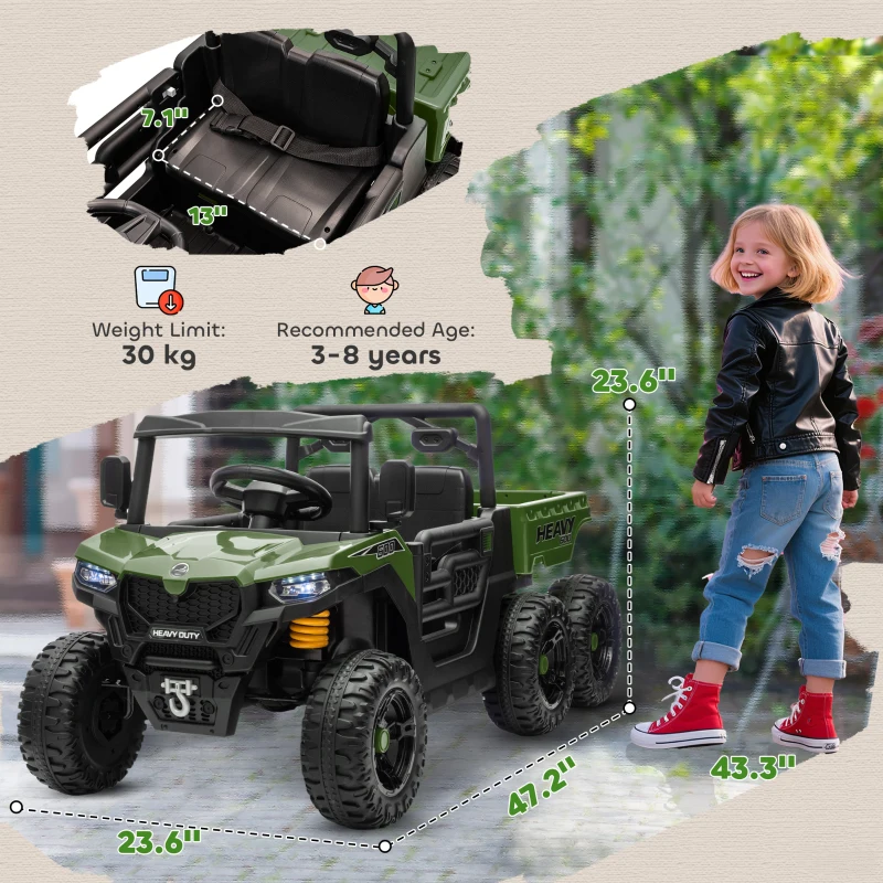 Qaba 24V 4WD Kids Ride On Car with 6 Wheels, Electric Ride On Car with Dump Bed, Remote for 3-8 Years, Green