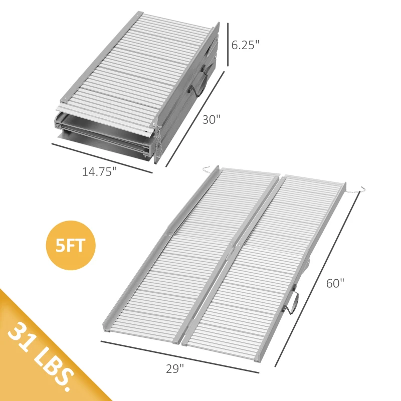 HOMCOM 5' Foldable Handicap Ramp for Home, Steps, Doorways, Aluminum Portable Wheelchair Ramp, Textured Threshold Ramp, Silver