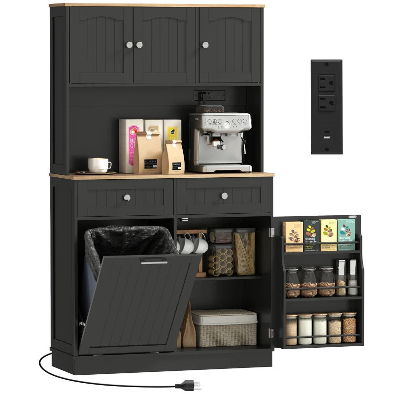 HOMCOM 68" Pantry Cabinet with Charging Station, Storage Cabinet with Microwave Stand, 10 Gallon Trash Can Cabinet, Black
